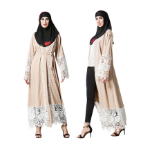 Premium quality polyester women fancy dress muslim kimono front lace abaya in dubai